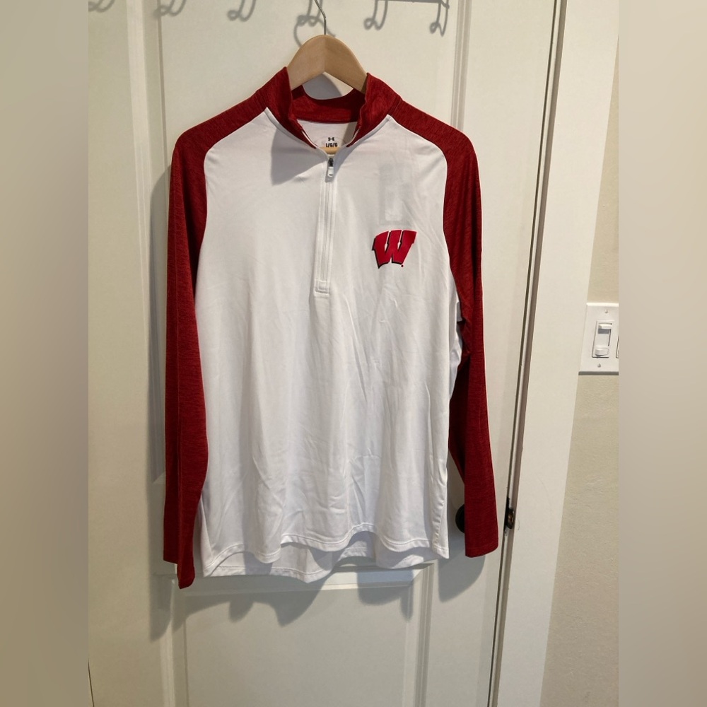 Under Armor Wisconsin Men’s Red and White Quarter-Zip Pullover - size L